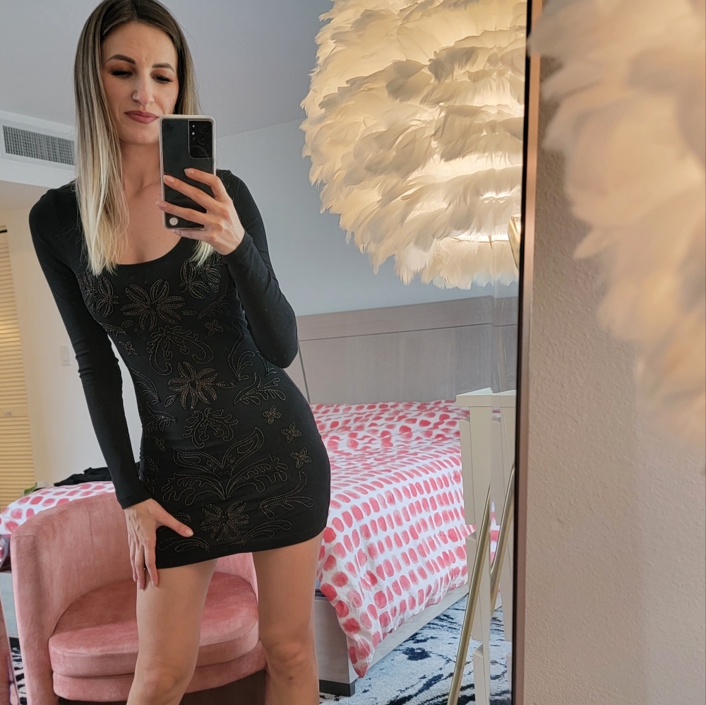 Free People Black Long Sleeve Embellished Mini Dress